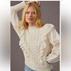 Anthropologie Cable Knit Embroidered Puff Sleeve Sweater Size Small Ivory Cream